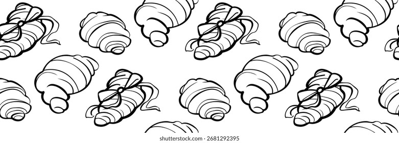 Dibujado a mano pastel patrón sin fisuras. Fondo de Doodle con croissant y arco. Ideal para la marca de panadería, embalaje, papel de embalaje e impresión textil. Ilustración de contorno de Vector.