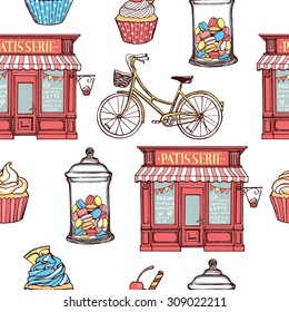 Hand drawn pastry seamless pattern. Pastry shop, cupcakes, jar with macarons, bicycle. White background