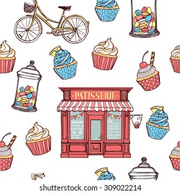 Hand drawn pastry seamless pattern. Pastry shop, cupcakes, jar with macarons, bicycle. White background