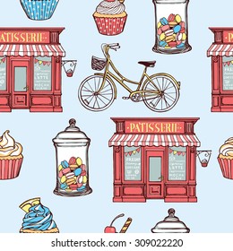 Hand drawn pastry seamless pattern. Pastry shop, cupcakes, jar with macarons, bicycle. Light blue background