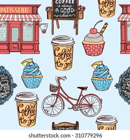 Hand Drawn Pastry Seamless Pattern. Vintage Pastry Shop, Cupcakes, Paper Coffee Cup, Bicycle, Cupcakes, Chalkboard With Lettering, Vintage Frame With Lettering.