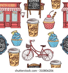 Hand drawn pastry seamless pattern. Vintage pastry shop, cupcakes, paper coffee cup, bicycle, cupcakes, chalkboard with lettering, vintage frame with lettering. White background