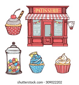 Hand drawn pastry set. Pastry shop, cupcakes, jar with macarons. White background