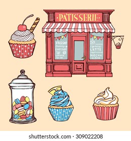Hand drawn pastry set. Pastry shop, cupcakes, jar with macarons