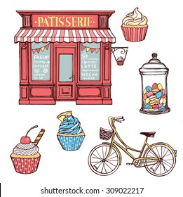 Hand Drawn Pastry Set. Pastry Shop, Cupcakes, Jar With Macarons, Bicycle. White Background