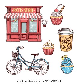 Hand drawn pastry set. Vintage pastry shop, cupcakes, paper coffee cup, bicycle
