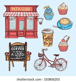 Hand drawn pastry set. Vintage pastry shop, cupcakes, paper coffee cup, bicycle, cappuccino cup, cupcakes, chalkboard with lettering