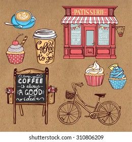 Hand drawn pastry set. Vintage pastry shop, cupcakes, paper coffee cup, bicycle, cappuccino cup, cupcakes, chalkboard with lettering. Craft paper background