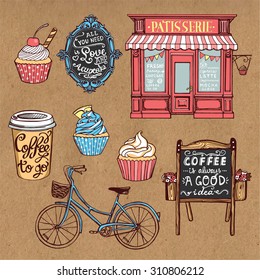 Hand drawn pastry set. Vintage pastry shop, cupcakes, paper coffee cup, bicycle, cappuccino cup, cupcakes, chalkboard with lettering, vintage frame with lettering. Craft paper background