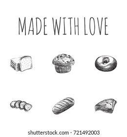 Hand Drawn Pastry Sketches Set. Collection Of Bread, Cupcake, Loaf And Other Sketch Elements.