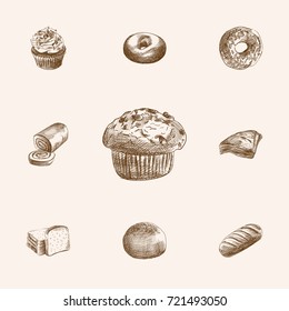 Hand Drawn Pastry Sketches Set. Collection Of Cupcake, Triangle, Loaf And Other Sketch Elements.