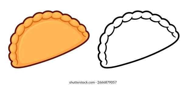 Hand drawn pastry, turnover or dumpling. Color drawing and black and white line icon. Cartoon doodle, vector clipart illustration.