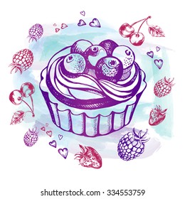 Hand drawn pastry-tartlet and berries. Vector Illustration. 