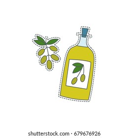 Hand drawn patch badge with Italy symbol - olive oil. Sticker, pin and patch in cartoon 80s-90s comic style