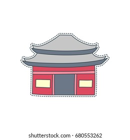Hand drawn patch badge with Japan symbol - Eastern monastery. Sticker, pin and patch in cartoon 80s-90s comic style.