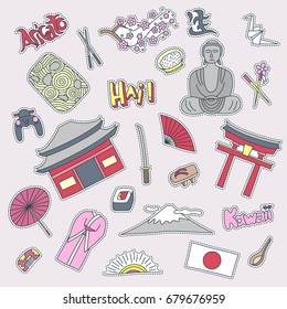 Hand drawn patch badges with Japan symbols - Kimono sakura flag buddha rice sushi rice origami geisha. Stickers, pins and patches in cartoon 80s-90s comic style.
