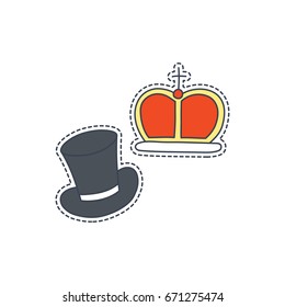 Hand drawn patch badges with United Kingdom symbol - crown and hat. Sticker, pin and patch in cartoon 80s-90s comic style