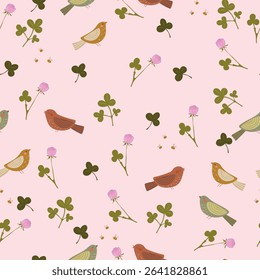  Hand drawn patern with many different birds and clover flowers and leaves. Vector illustration with animals and plants.
