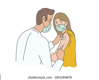 hand drawn Patient wearing mask  getting their vaccine, coronavirus vaccine