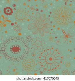 Hand  drawn patten with various stylized flowers. Card template. Seamless floral background.