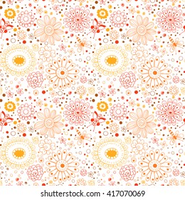 Hand  drawn patten with various stylized flowers. Card template. Seamless floral background.