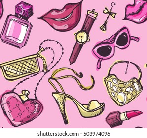 Hand drawn patter. Fashion doodle pattern. Vector pattern with heels, lips,lipstick, perfume, clutch bag, necklace. Vector illustration.