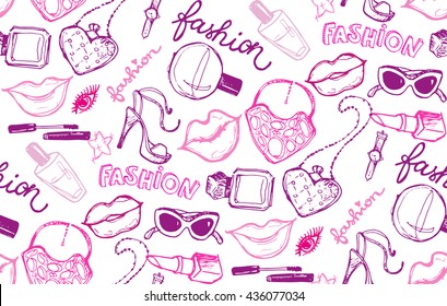 Hand drawn patter. Fashion pattern. Vector pattern with heels, lips,lipstick, perfume, clutch bag, necklace. Vector illustration.