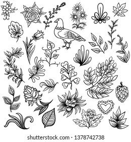 Hand drawn pattern with abstract scandinavian nature elements. Vector set of plants and animals of the forest.