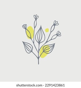 Hand drawn pattern with abstract Scandinavian nature elements on white background with pink spots. Doodle template for design. Vector illustration eps8