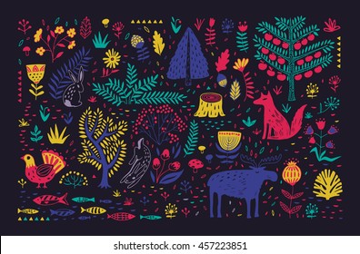 Hand Drawn Pattern With Abstract Scandinavian Nature Elements. Vector Set Of Plants And Animals Of The Forest.