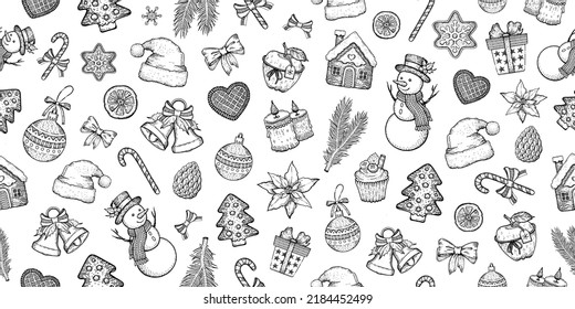 С patrón dibujado a mano. Libro de colorantes de doodles para adultos. Página de boceto con estrella, caja de regalo, galleta, presente, cedro, holly, poinsettia, bola. Icono vectorial de invierno. Repetir el patrón de línea de Navidad 