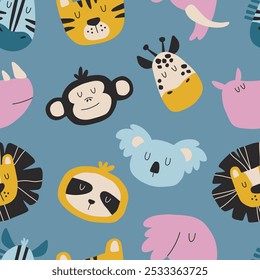 Hand drawn pattern with African animals. Seamless illustration for textile, fabric and stationery design. Faces of safari wild animals.