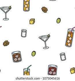 Hand drawn pattern of alcohol drinks and cocktails. Vector illustration