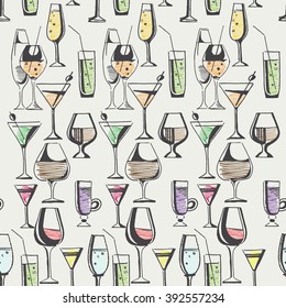 Hand drawn pattern of alcohol drinks and cocktails. Vector illustration