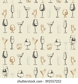 Hand drawn pattern of alcohol drinks and cocktails. Vector illustration