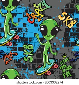 Hand drawn  pattern with alien on skate . Cool summer alien background for textile, fashion, sport, graphic tees