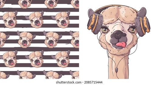 Hand drawn pattern and Alpaca with headphones collection Vector. Each object can be changed and moved for your design.