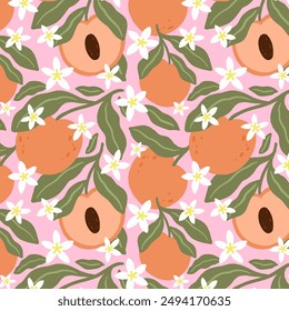 Hand drawn pattern with apricots and flowers. Summer colorful pattern. Vector elegant print for fabric, wallpaper.