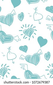 Hand drawn pattern and background design for printing. Hearts with wings, blue color