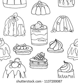 Hand drawn pattern background of different puddings, desserts and cakes with cream and berries. Monochrome vector illustrations in sketch style.