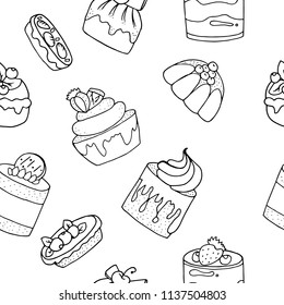 Hand drawn pattern background of different puddings, desserts and cakes with cream and berries.Monochrome vector illustrations in sketch style.