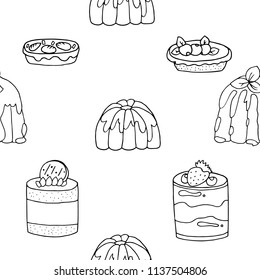 Hand drawn pattern background of different puddings, desserts and cakes with cream and berries.Monochrome vector illustrations in sketch style.