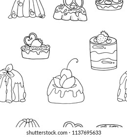 Hand drawn pattern background of different puddings, desserts and cakes with cream and berries.Monochrome vector illustrations in sketch style.