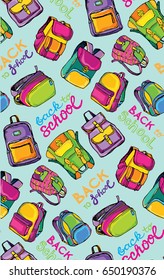 Hand drawn pattern with backpack and bag. Back to school