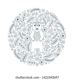 Hand drawn pattern with bear and flowers on white background