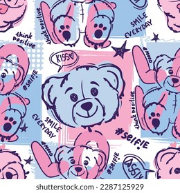 hand drawn pattern with bears toys. Cool background for girls. For clothes, prints, textiles
