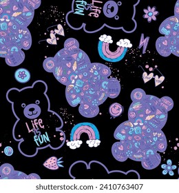 hand drawn pattern with bears toys. Cool background for girls. For clothes, prints, textiles
