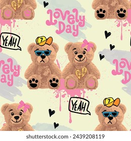 hand drawn pattern with bears toys. Cool background for girls. For clothes, prints, textiles
