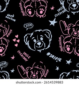 hand drawn pattern with bears toys. Cool background for girls. For clothes, prints, textiles
