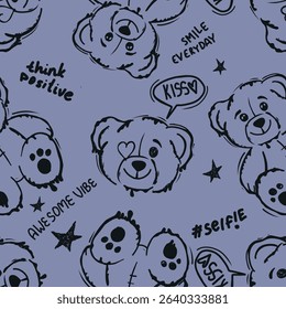 hand drawn pattern with bears toys. Cool background for girls. For clothes, prints, textiles
